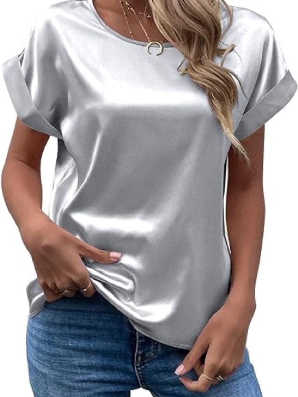 Chigant Silver Satin Finish Short Sleeve Tee with Cuffed Sleeves XXL
